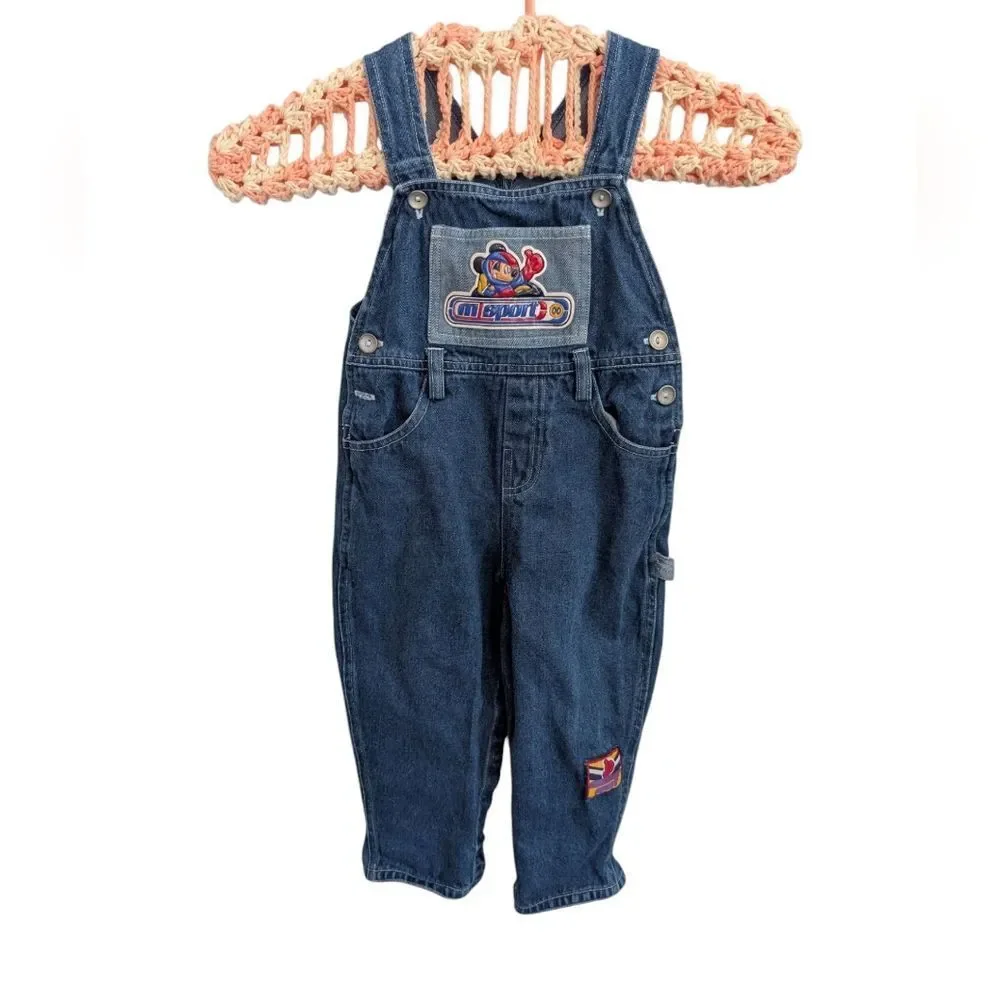 Disney Mickey Mouse Vintage Blue‎ Denim Racing Theme Overalls Size 18 Months